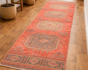 Vintage Turkish Oushak Runner Rug 2.8x11 ft Handwoven Anatolian Hallway Rug