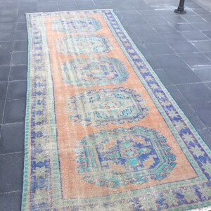 Turkish rug, Aztec area rug, Handmade rug, 4.1 x 11.1 ft, Hallway rug, Corridor rug, Floor rug, Runner rug, Oushak rug, Turkey rug, MB3272