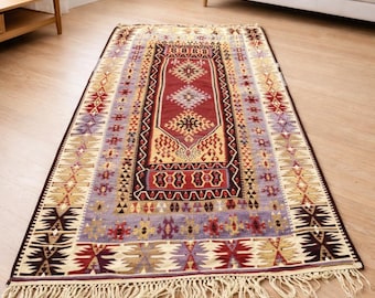 Vintage Turkish Kilim Rug 4.2x8.7 ft Handmade Anatolian Tribal Boho Wool Carpet