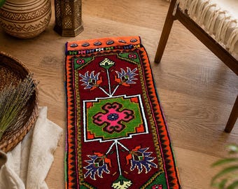 Vintage Turkish Mini Rug 1.6 x 3.6 Feet, Handmade Tribal Wool Kilim, Small Boho Entryway Rug, VB89