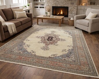 Large Vintage Turkish Rug 9.1x12.4 ft, Handmade Oushak Area Rug, Beige Anatolian Carpet