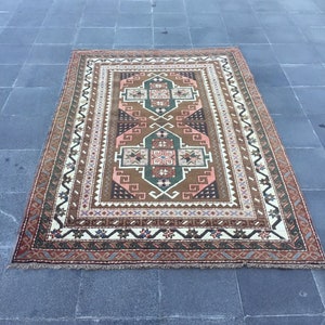 Brown vintage rug/ Organic wool rug/ Turkish rug/ Hand knotted rug/ Pale color rug/ Low pile rug/ Large oushak rug/ 4.1 x 5.9 ft/ MB 3003