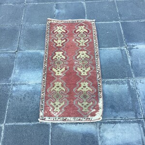 1x3 Vintage Rug, Turkish Doormat Rug, Door Mat Rug, Oriental Rug, Handmade Rug, 1x3 Tribal Rug, 1x3 Red Yellow Rug, Natural Door Mat,MB 3433