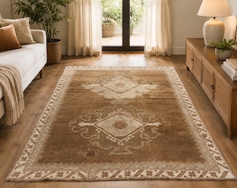 Vintage Turkish Rug 4.9x7.8 Ft, Handmade Wool Area Rug, Anatolian Oushak Rug, Boho Living Room Decor, VB1146