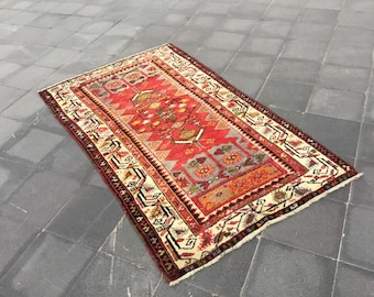 Vintage Turkish Tribal Rug 3.3x5.8 Ft Handmade Anatolian Wool Red Area Carpet
