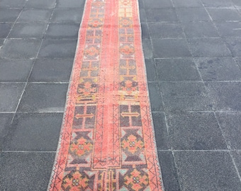Faded Turkish Runner Rug | 1.8x11.2 ft, Handmade Wool Hallway Carpet