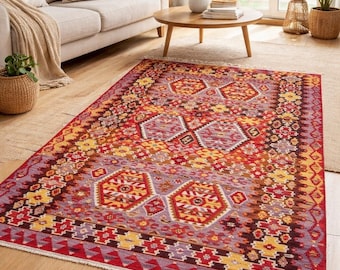 Alfombra Kilim turca vintage de 1,8 x 3,2 m, colorida, tribal anatolia