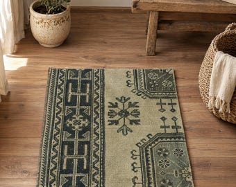 Alfombra vintage de patchwork de 2,2 x 2,3 pies, mini alfombra turca hecha a mano estilo Oushak, VB80