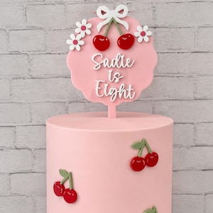 Personalised Cherry cake topper with name, Pink Birthday party decoration for Girls, Custom acrylic cake topper with cherries and flowers