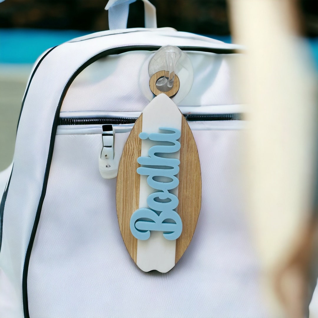 Custom Surfboard Key Chain With Name, Surfboard Bag Tag, Back to School Bag Tag, Boys School Bag