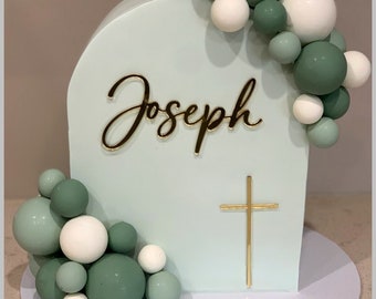 Personalized Baptism Cake Topper: Acrylic Name & Cross Charm