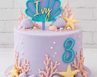 Mermaid Shell Birthday cake topper, Pastel Mermaid party cake sign