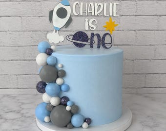 Personalised Outer Space cake topper, Rocket ship birthday decor, Space theme