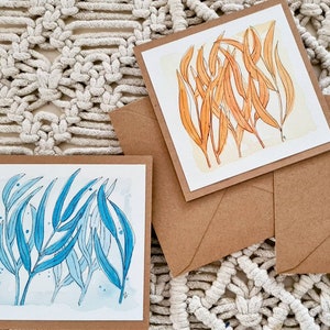 Botanical cards, original watercolour ink, leaves blue, leaves orange, fall leaves, blank cards with envelopes, handpainted, unique cards