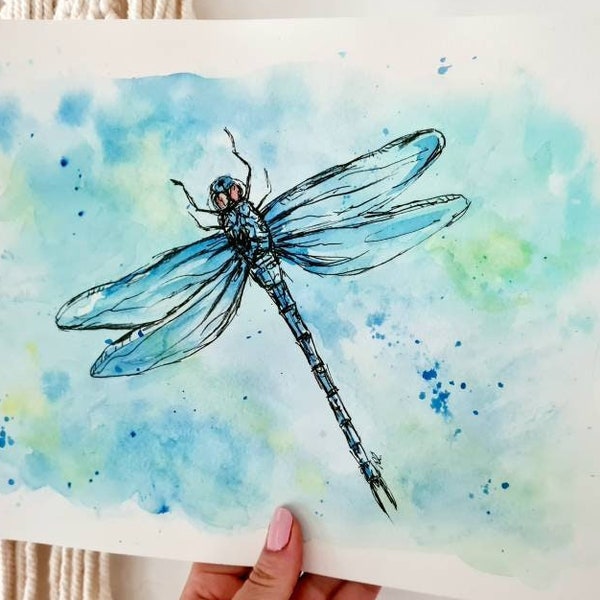 Watercolour dragonfly, art print, instant download, dragonfly, dragonfly print, pen and ink,  handmade, dragonfly art, mystical art