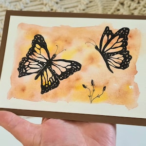 Butterfly watercolour card, watercolour original design, brown backing includes envelope, pretty handmade gift
