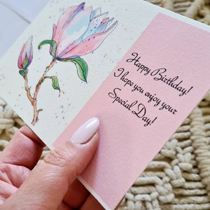 Cartão de magnólia, cartão aquarela rosa, cartão de aniversário de magnólia floral, arte de magnólia, cartão de aniversário pintado à mão, flora com impressão em aquarela