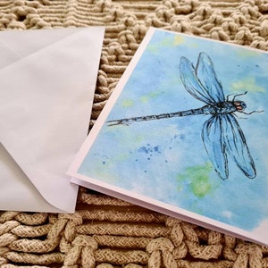 Watercolor dragonfly, Dragonfly card, blue watercolour dragonfly card, blank card and envelope, blue dragonfly,  dragonfly art
