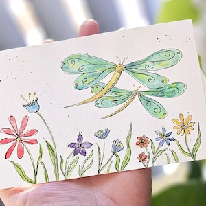 Libellekunst, ansichtkaart A6, libellentuin, handgeschilderd schattig ontwerp, aquarelkaart