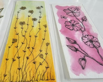 Marque-page aquarelle florale, oeuvre d'art originale, fleurs de cerisier, fleurs dorées