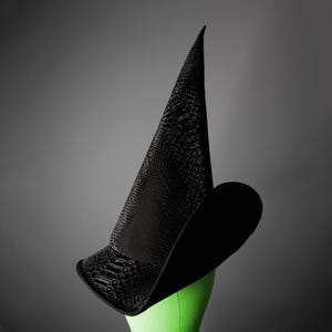 Puede incluir: Un sombrero negro de vanguardia con una corona cónica alta y texturizada y un ala ancha y curvada. La corona tiene un patrón similar a la piel de serpiente. El sombrero se exhibe sobre una cabeza de maniquí verde sobre un fondo gris.
