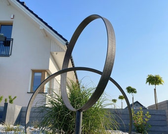 Anillos de metal de patio, escultura de aro de acero decoración de jardín contemporáneo, anillos de arte de patio de escultura de jardín, regalo de decoración de flores, acero crudo