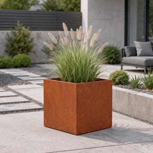 May include: A square, rust-colored metal planter box filled with ornamental grass. The planter sits on a concrete patio, with a modern outdoor seating area and landscaping in the background. The box is approximately 24 inches wide and tall.