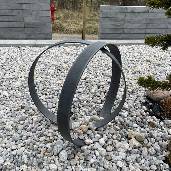 Metal Outdoor Sphere Garden Rings Yard Art Metal Sculpture Outdoor Steel Decor Rings Industrial Garden Sculpture Set of 2, Raw Steel