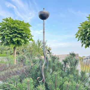May include: A black metal garden sculpture with a round top and a decorative swirl design. The sculpture is standing in a bed of green pine trees.