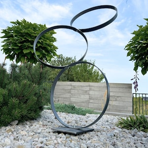 57&quot; Tall Contemporary Steel Yard Ornament, House Outside Entry Sculpture, Rings Shape Whimsical Garden Art, Rusty Art For Garden, Raw Steel