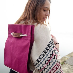 Burgundy backpack. Drawstring backpack. Eco-friendly rope bag with hand carved Bubinga wood details