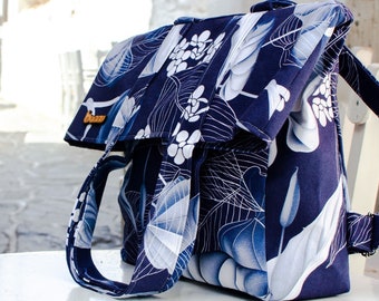 Tropical Print bag. Blue tote pack. Convertible backpack to tote bag with tropical leaf pattern.