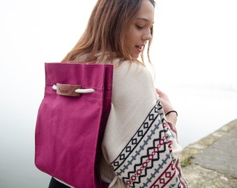 Burgundy backpack. Drawstring backpack. Eco-friendly rope bag with hand carved Bubinga wood details