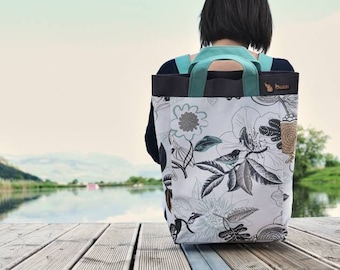 Canvas Vegan Rucksack  with floral pattern and small birds  . Backpack with handles and adjastable straps . Washable backpack.