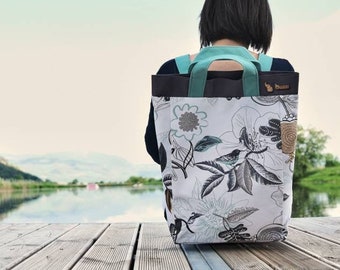 Canvas Vegan Rucksack  with floral pattern and small birds  . Backpack with handles and adjastable straps . Washable backpack.