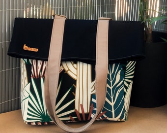 Variegated cactus print convertible backpack. Zippered retro tote bag. Cute canvas tote bag.
