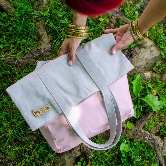 Womens Rucksack. Canvas / Linen Tote Bag. Grey / Light Pink  display picture 1