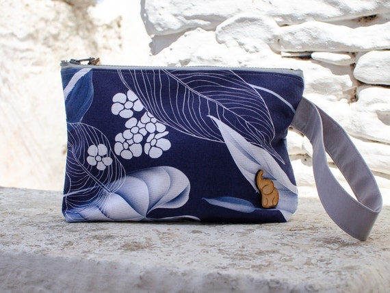 Extra Large Pouch Wristlet. Made From Cotton Canvas Fabric Decorated With Blue Leaves. Etsy Australia