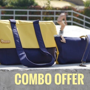 Mochila convertible amarilla / azul marino combinada con bolso de gran tamaño y cordón en un acuerdo combinado