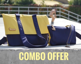 Yellow / Navy Blue Convertible Rucksack Combined with Oversized purse & Lanyard in a Combo Deal