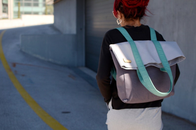 Womens canvas backpack convertible to tote bag or Shopping bag . Vegan Handmade sac. Minimal Travel rucksack. image 1