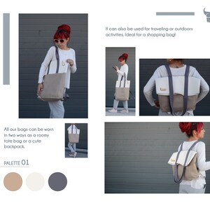 Op de afbeelding: Een beige en witte tote bag met een grijze band. De tas kan als tote bag of rugzak worden gedragen. De tas wordt gedragen door een persoon en ook plat op een grijs oppervlak gelegd.