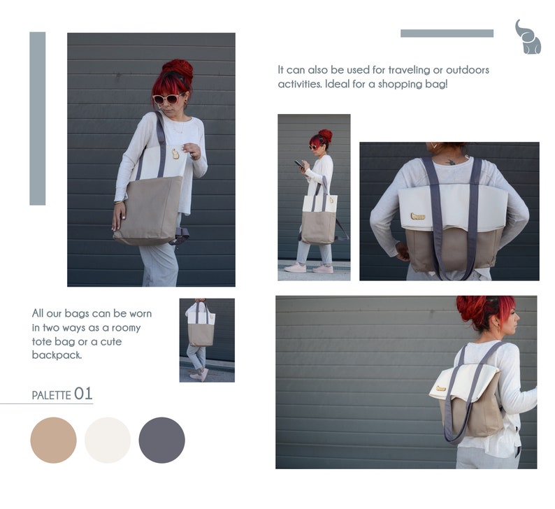 Op de afbeelding: Een beige en witte tote bag met een grijze band. De tas kan als tote bag of rugzak worden gedragen. De tas wordt gedragen door een persoon en ook plat op een grijs oppervlak gelegd.
