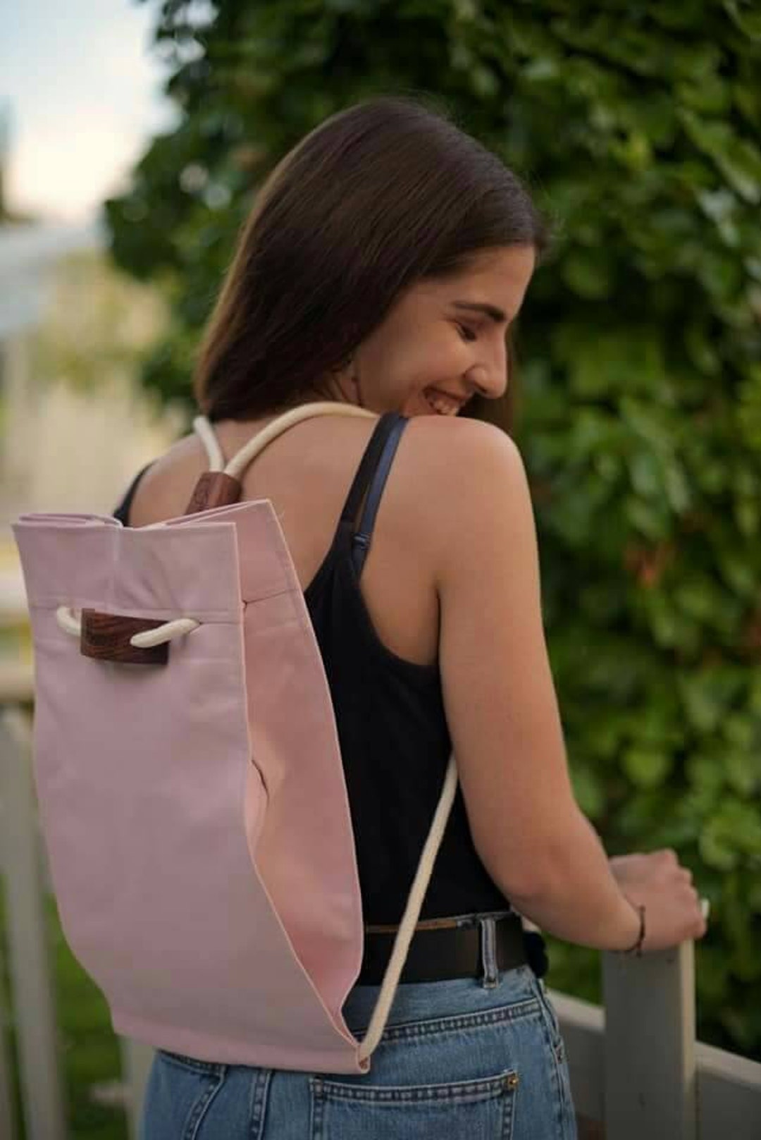 Pink Canvas Pitcher Rucksack . Vegan Convertible Crossbody Bag 