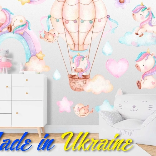 Rainbow and Unicorn Removable Wall Decal Set, Large Wall Stickers for Girls Bedrooms, Pink & Purple Unicorns on soft Puffy Clouds Wall Decal