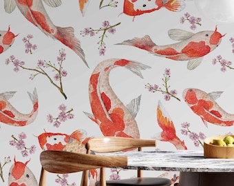 Koi Fish removable wallpaper Animal sea nautical Japan Self-adhesive Large mural Asian design peel and stick Abstract koi carps wall decor