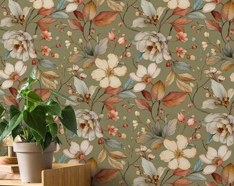Green Wallpaper with Flowers Vintage Floral Removable or Regular Mural Retro Rustic Panoramic Wall Art Leaves Home Decoration Garden Nature