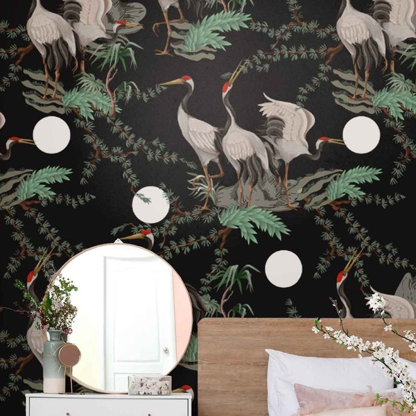 Black Heron Print Removable Wallpaper Vintage Crane Mural Decal Contemporary Design Wall Decor Storks Wallpaper Chinese Birds wallpaper