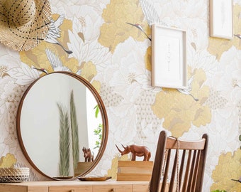 Cranes with yellow large flowers on a white background Removable Wallpaper Chinese Birds wallpaper Vintage Crane Birds Wall art Chinoiserie
