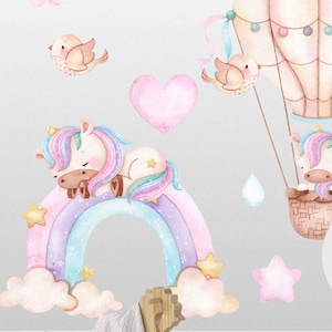 Rainbow and Unicorn Removable Wall Decal Set, Large Wall Stickers for Girls Bedrooms, Pink & Purple Unicorns on soft Puffy Clouds Wall Decal